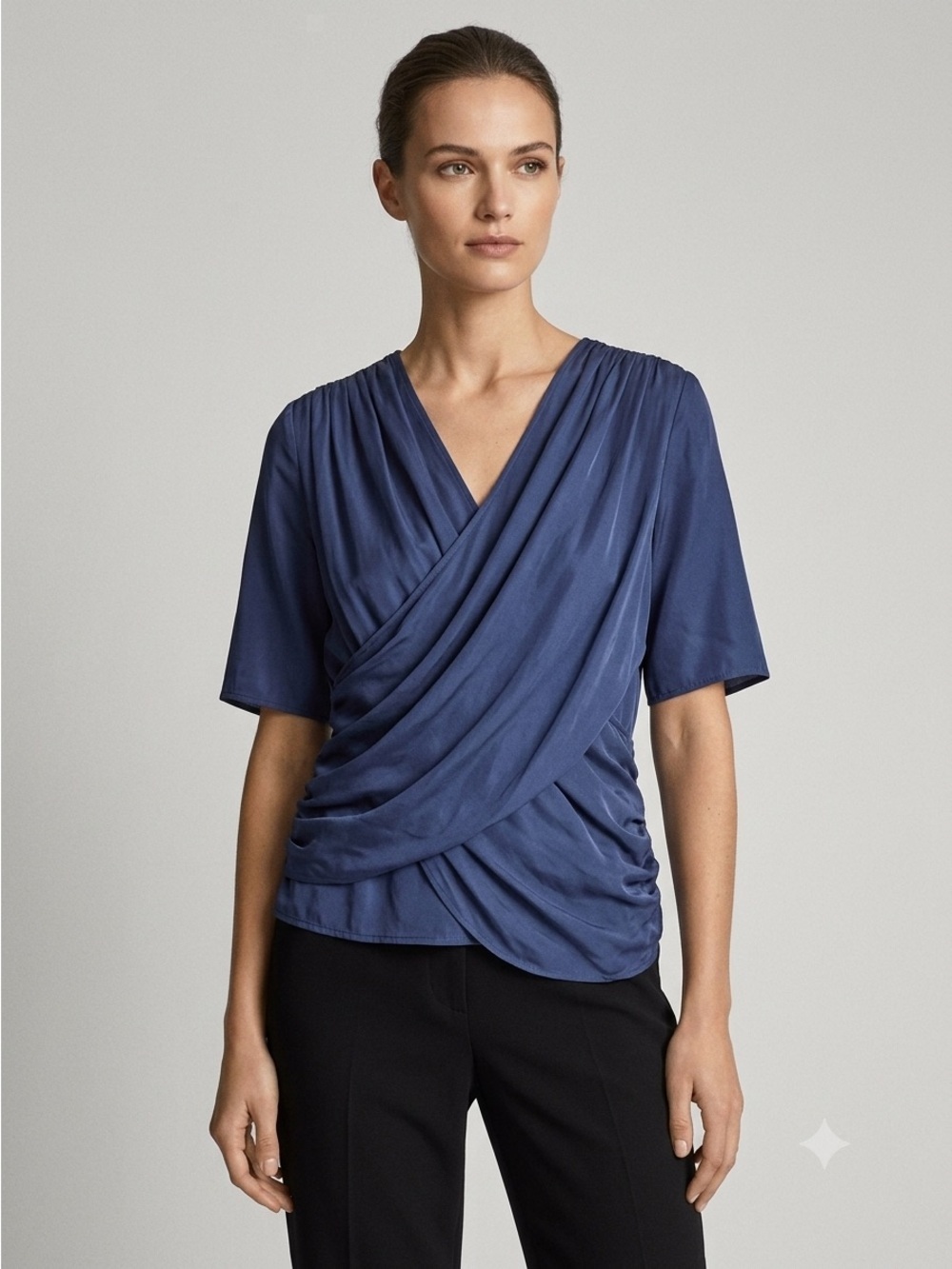 Blue Crisscross Drape Front Short Sleeve Silk Blouse - S
